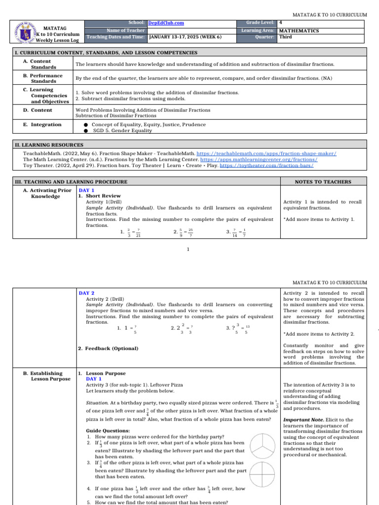 K-10 Math Lesson Plan: Dissimilar Fractions | PDF | Subtraction | Learning