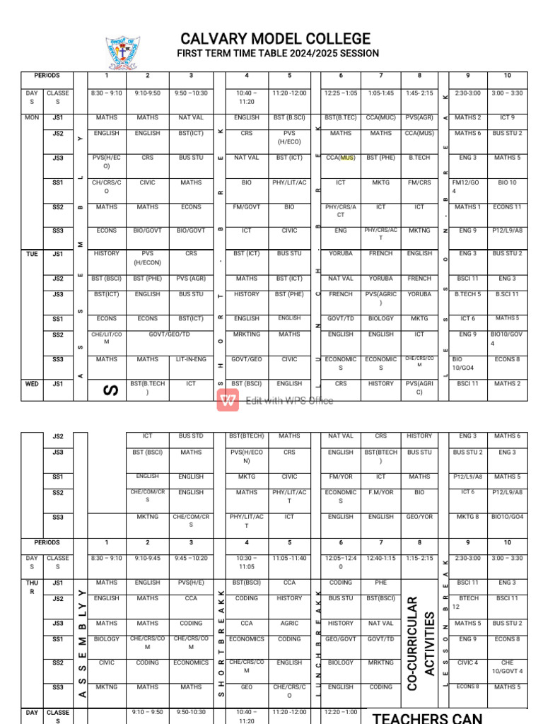 1st Term Time Table 2024 2025 Pdf
