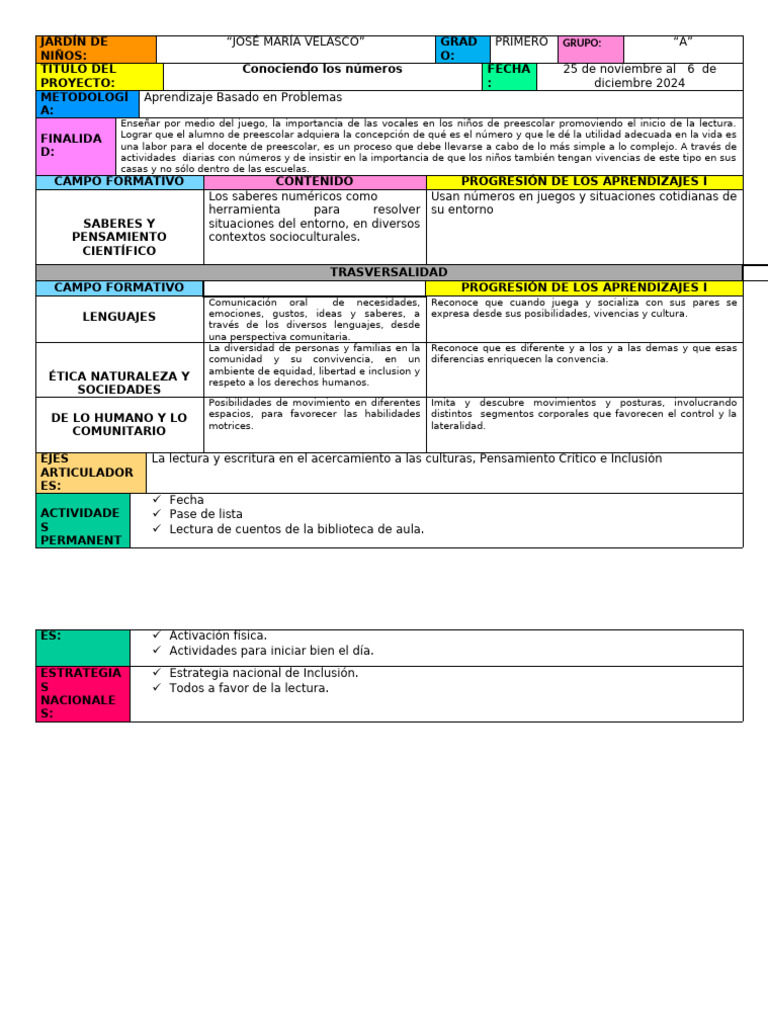25 Al 6 de Noviembre de 2024 Plan | PDF | Educación de la primera infancia