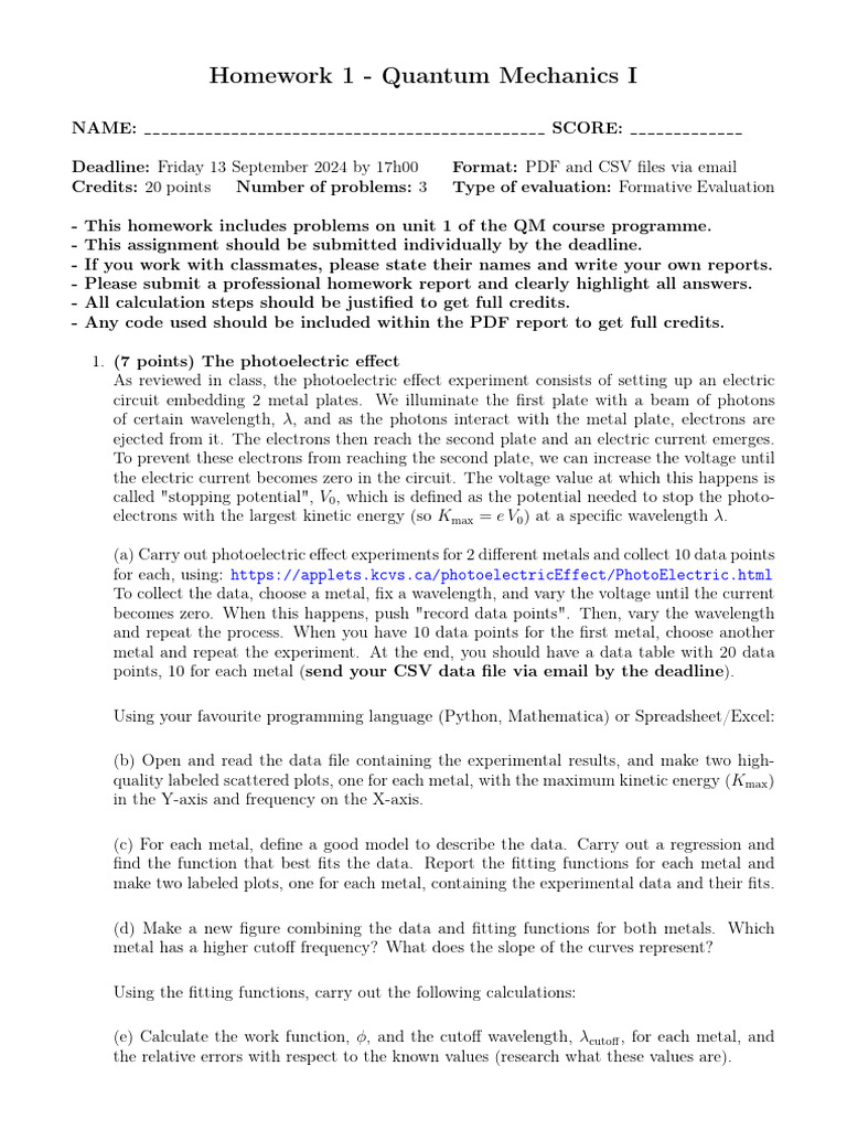 Quantum Mechanics Homework Assignment | PDF | Electron | Applied And ...
