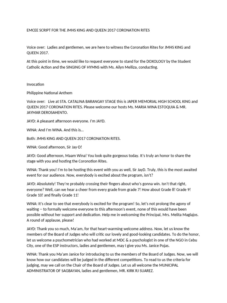 JMHS King and Queen 2017 Script | PDF | Monarchy