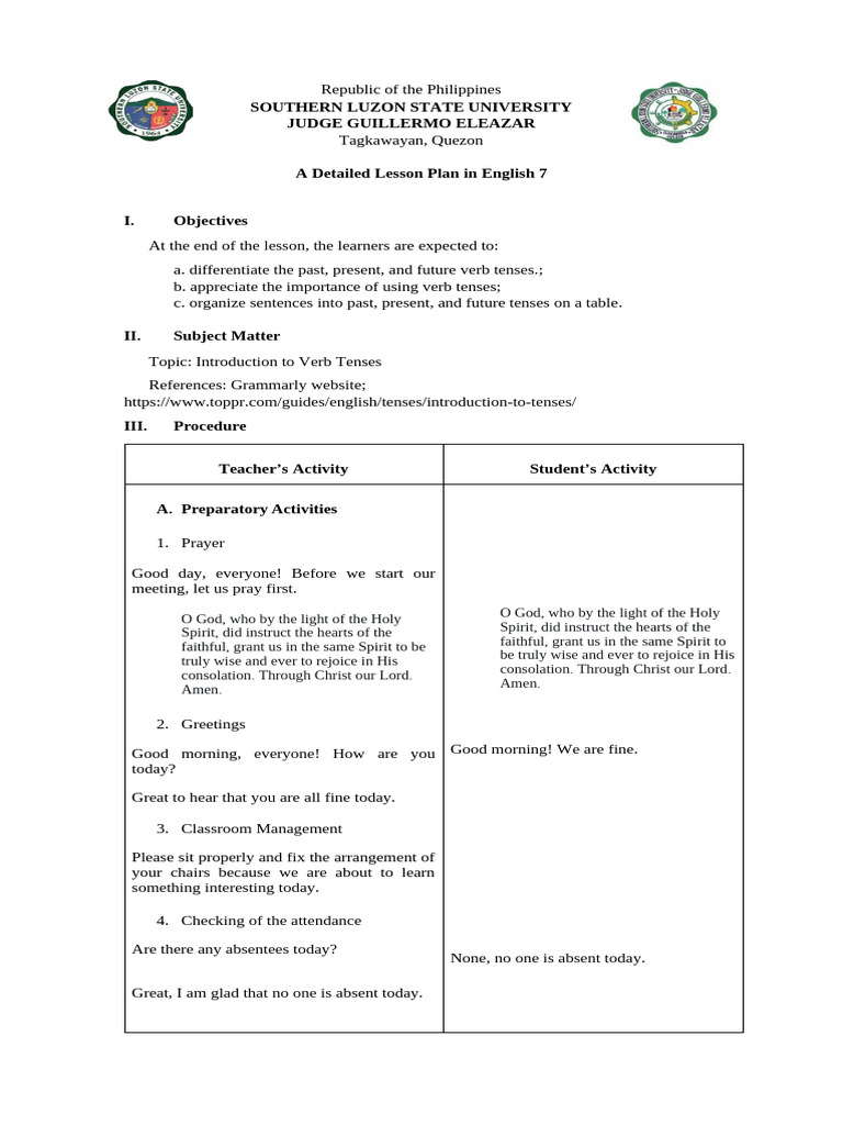 English 7 Lesson Plan: Verb Tenses | PDF | Verb | Grammatical Tense