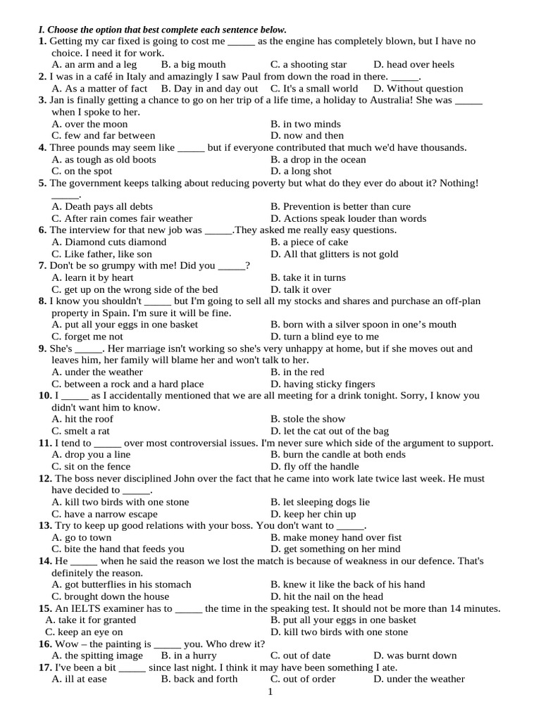 English Idioms Completion Exercise | PDF