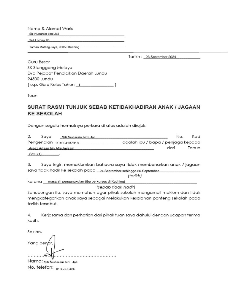 Surat Ketidakhadiran 2022 Pdf