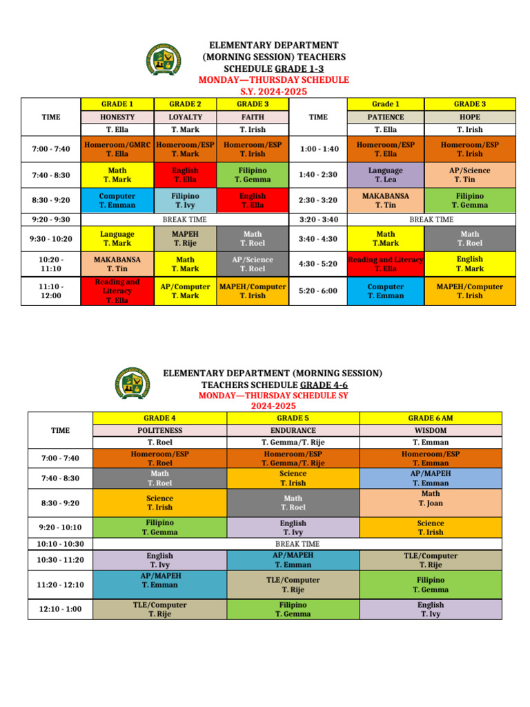 Grade 1-12 Class Schedules 2024-2025 | PDF | Mathematics | Educational ...