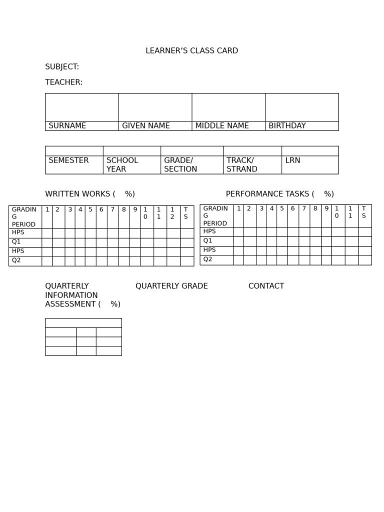 Learner class card pdf