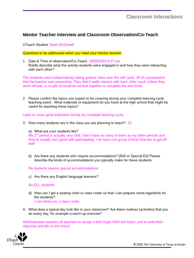 Mentor Teacher InterviewClassroom Observation | PDF | Mentorship | Teachers