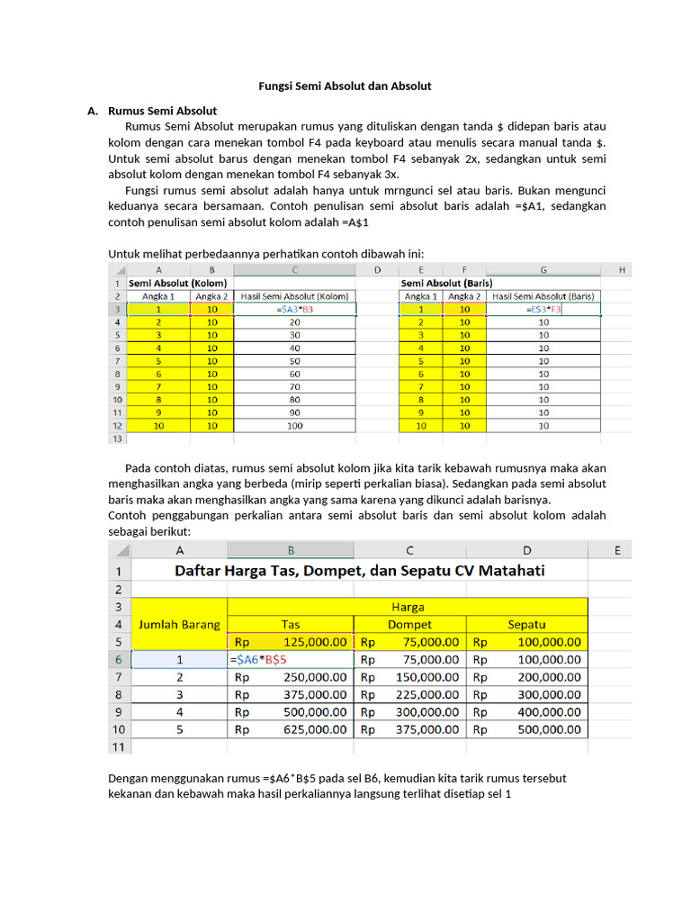 Panduan Rumus Semi dan Absolut Excel | PDF