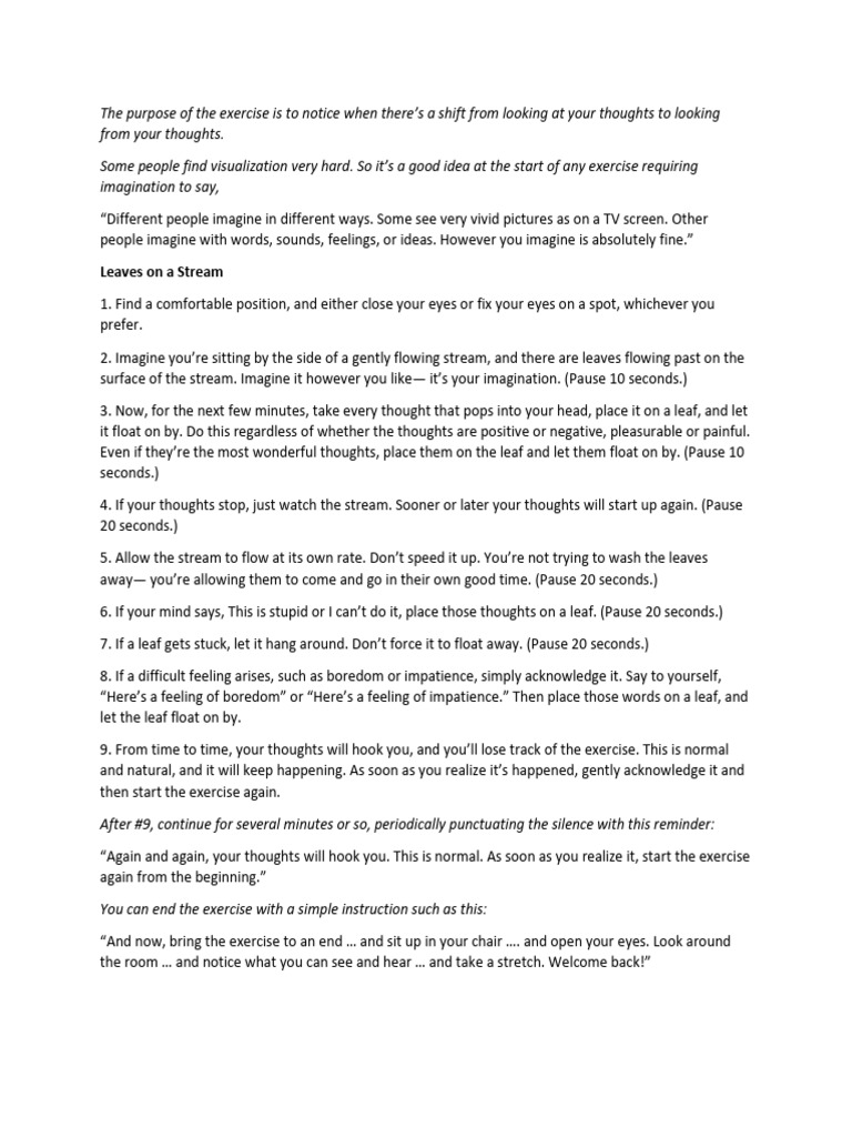 Mindfulness Exercise: Letting Thoughts Flow | PDF | Thought | Imagination