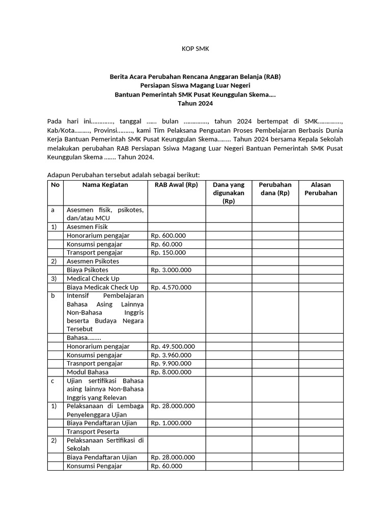 RAB Magang Luar Negeri SMK 2024 | PDF