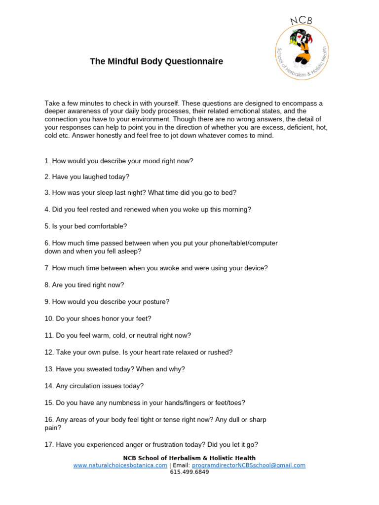 Mindful Body Self-Assessment Questionnaire | PDF | Medical Specialties ...
