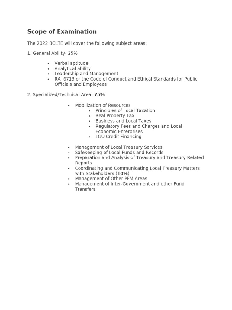 2022 BCLTE Exam Scope and Coverage | PDF