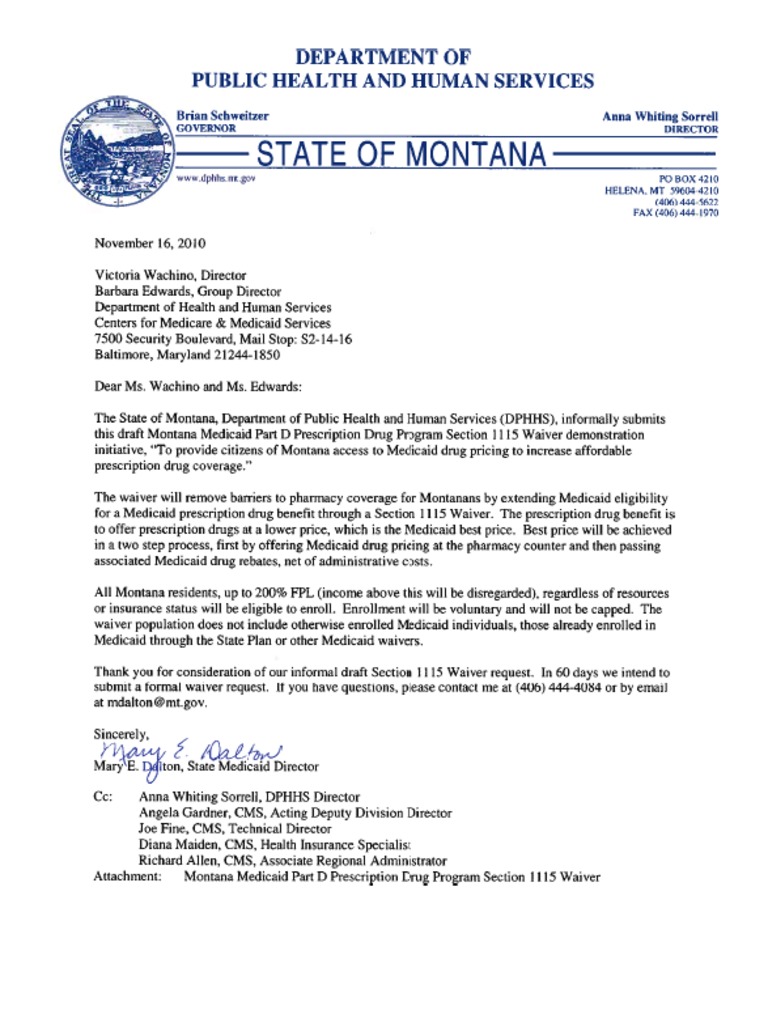 111610 Montana Medicaid Part D Prescription Drug Program Section 1115