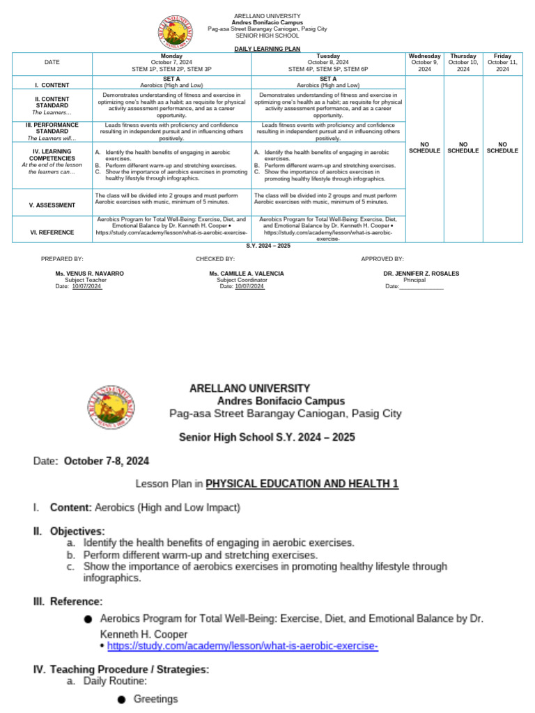Daily Learning Plan: Aerobics for Health | PDF | Physical Fitness ...