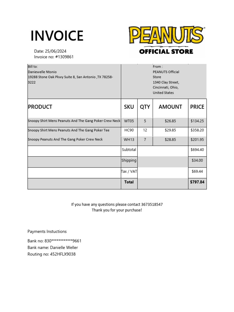 Invoice: Product Sku Qty Amount Price | PDF