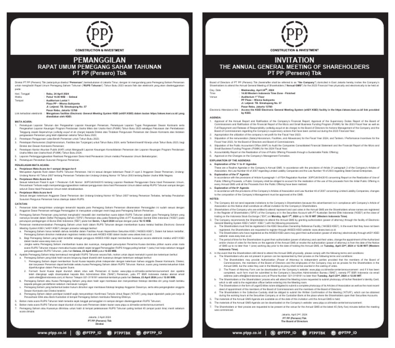 RUPS Tahunan PT PP Tbk 2023: Undangan dan Agenda | PDF