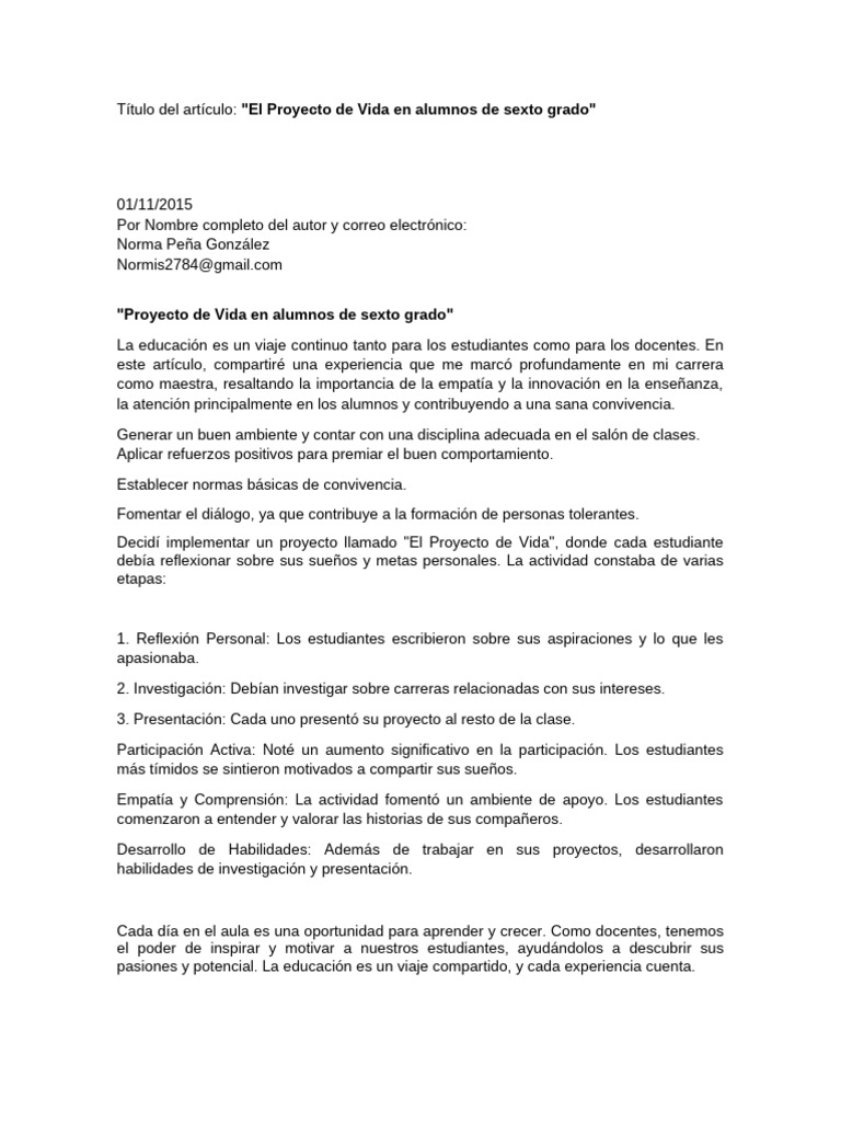 Proyecto de Vida para Sexto Grado | PDF | Enseñando | Salón de clases