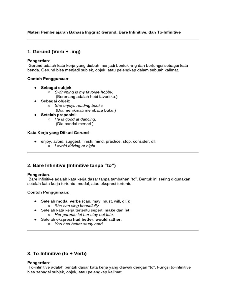 Gerund, Bare Infinitive, To-Infinitive Guide | PDF | Syntax | Grammar