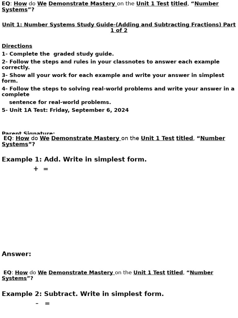 Unit 1 Standard Number Systems Study Guide Part 1 of 2 Answer Key 2024 ...