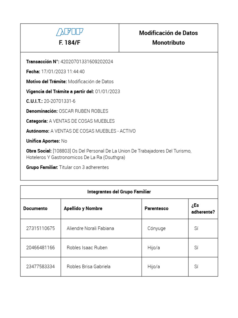 AFIP - Formulario 184 | PDF