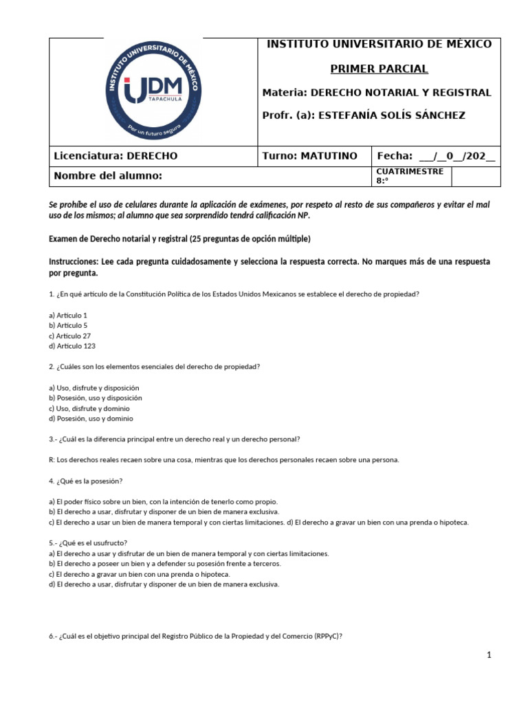 Examen de Derecho Notarial y Registral | PDF | Propiedad | Mandato