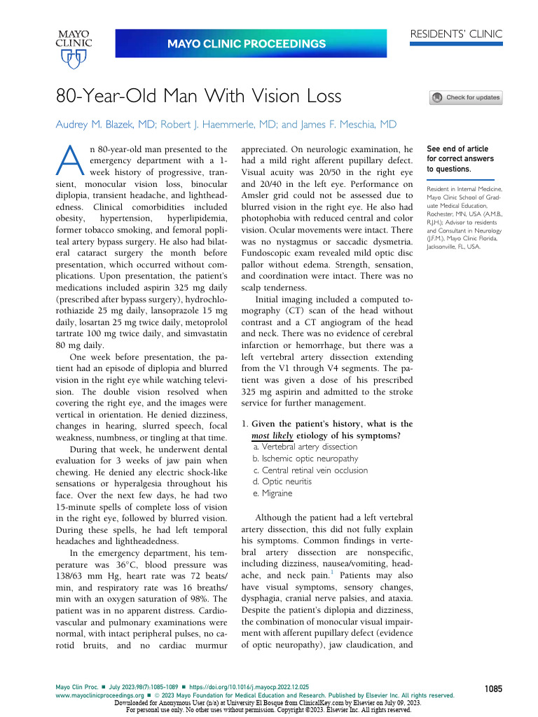 80 Year Old Man With Vision Loss | PDF | Ischemia | Stroke