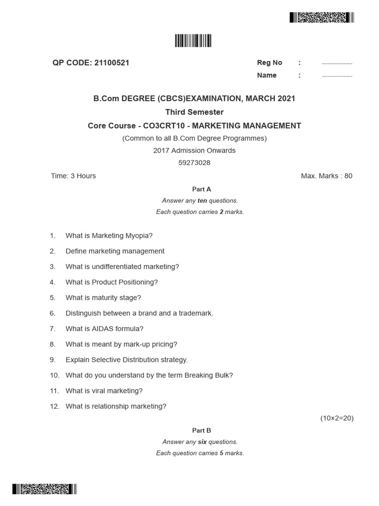 B.Com Marketing Management Exam Questions | PDF | Marketing | Pricing