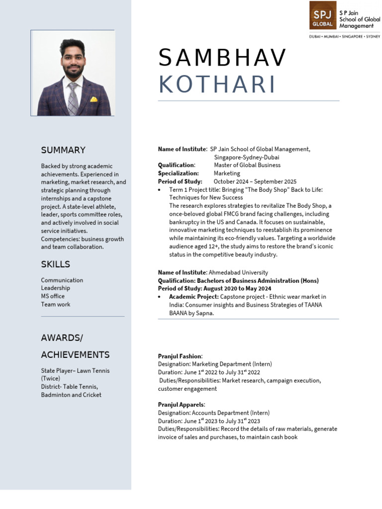 Sambhav Kothari Resume 3 | PDF | Marketing | Brand