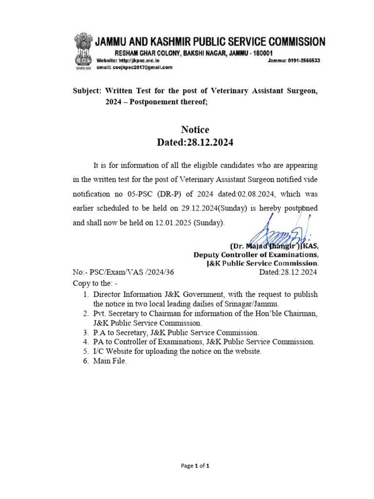 Veterinary Assistant Surgeon Test Postponed | PDF