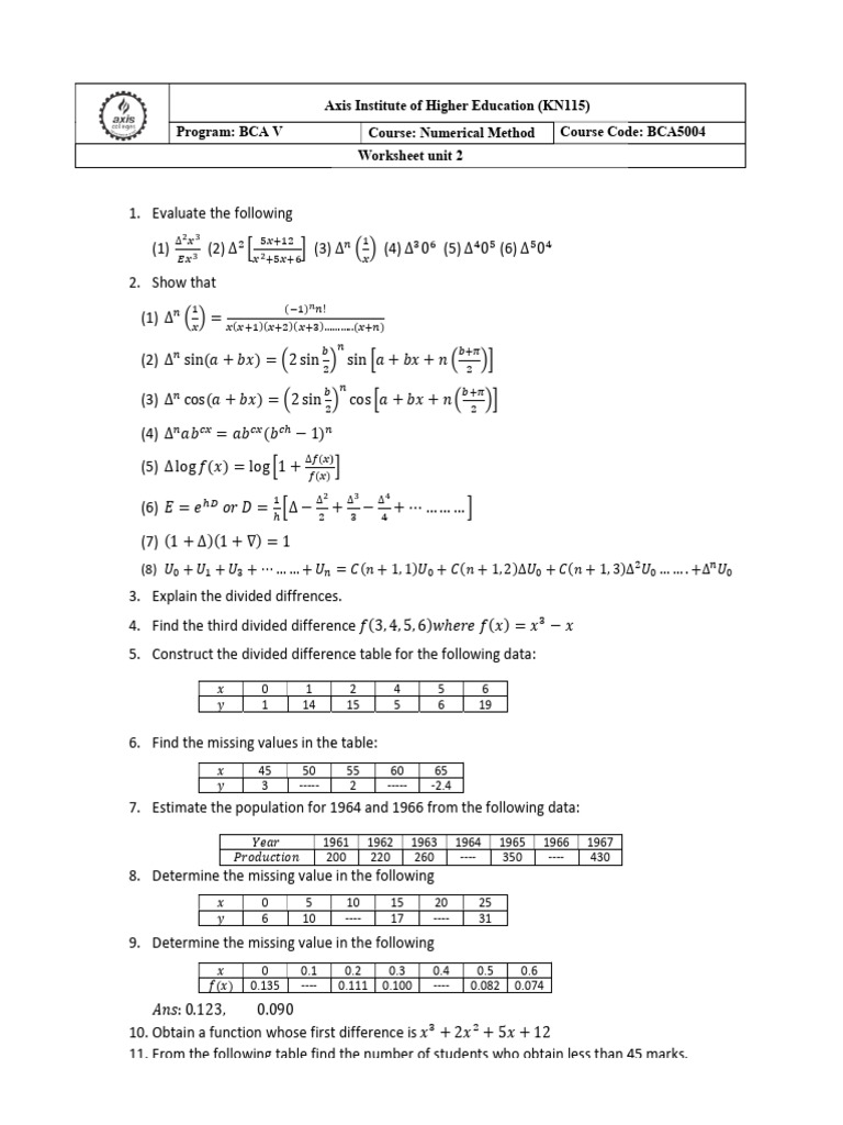 WORKSHEET BCA5004 NUMERICAL METHOD unit 2 | PDF | Interpolation ...