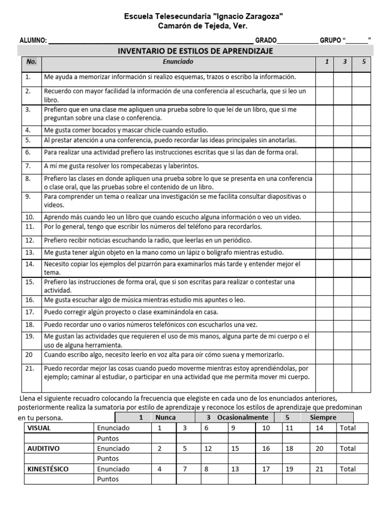 TEST VAK Estilos de aprendizaje TECNICA 60 (1) | PDF | Aprendizaje