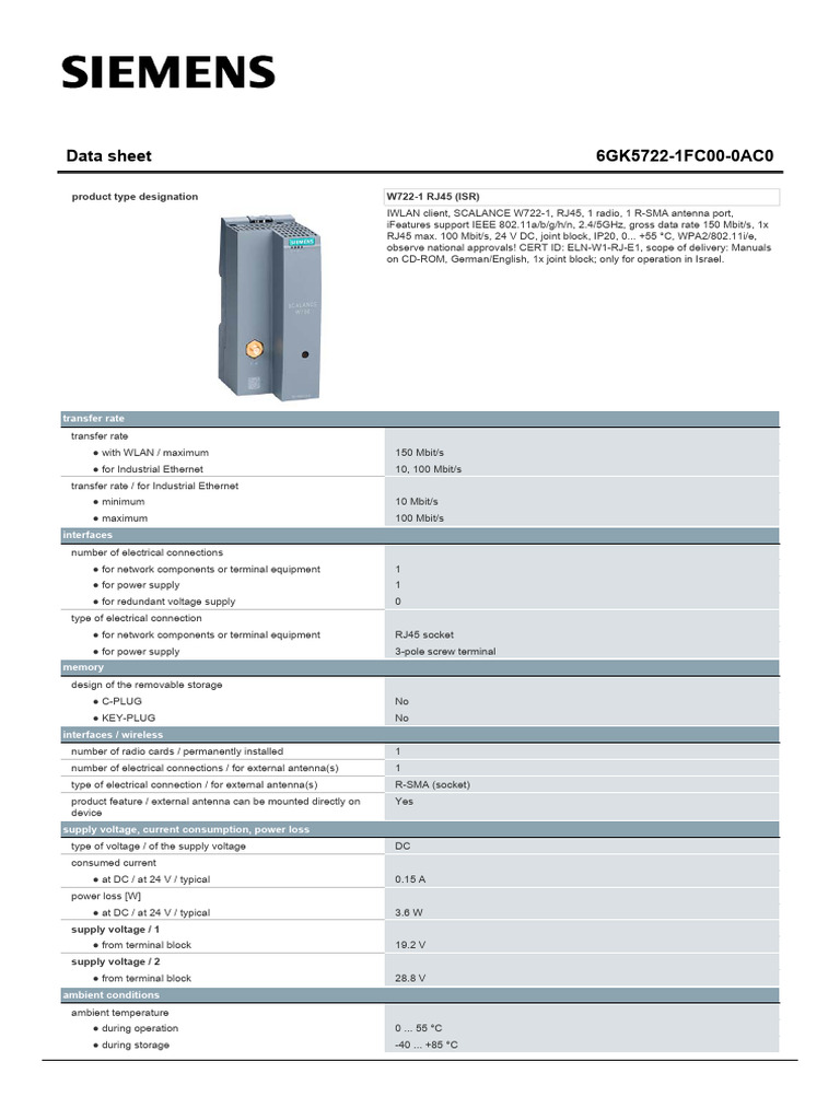 SCALANCE W722-1 Data Sheet Overview | PDF | Ieee 802.11 | Computer ...