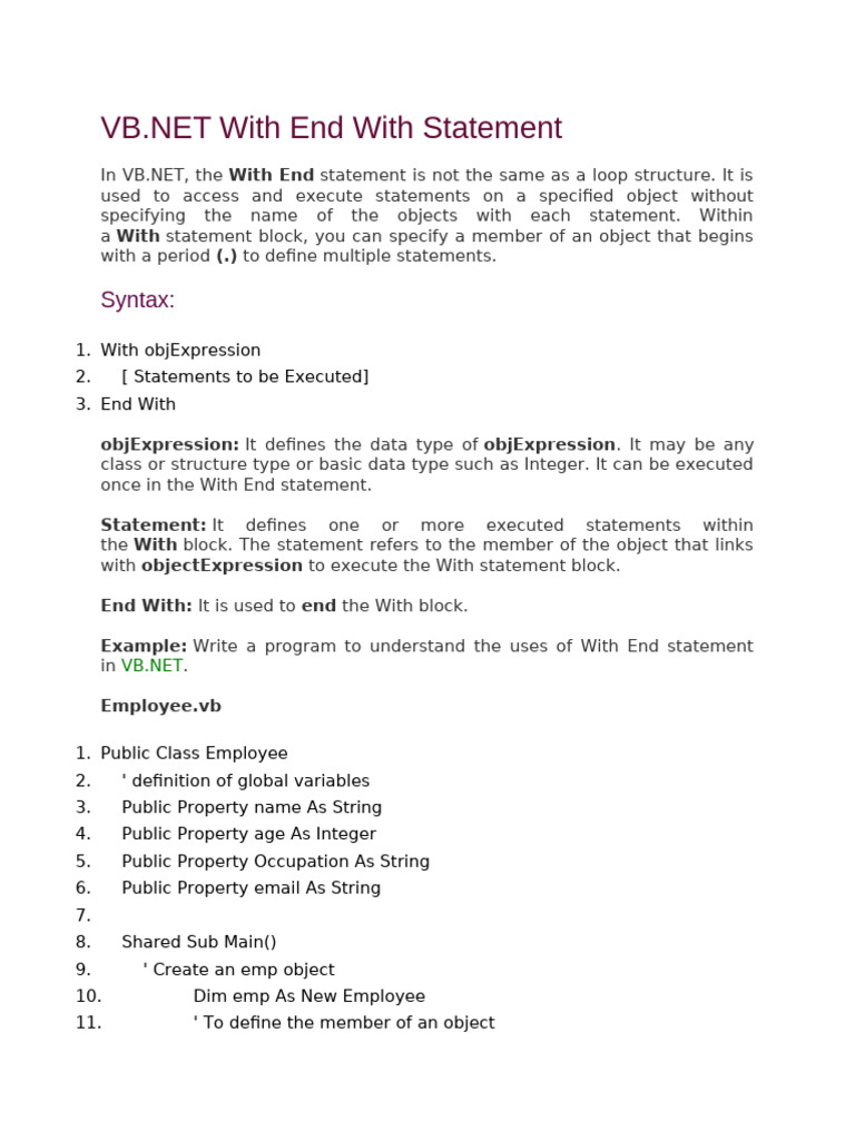 VB.NET With End Statement Explained | PDF | Data Type | Object ...