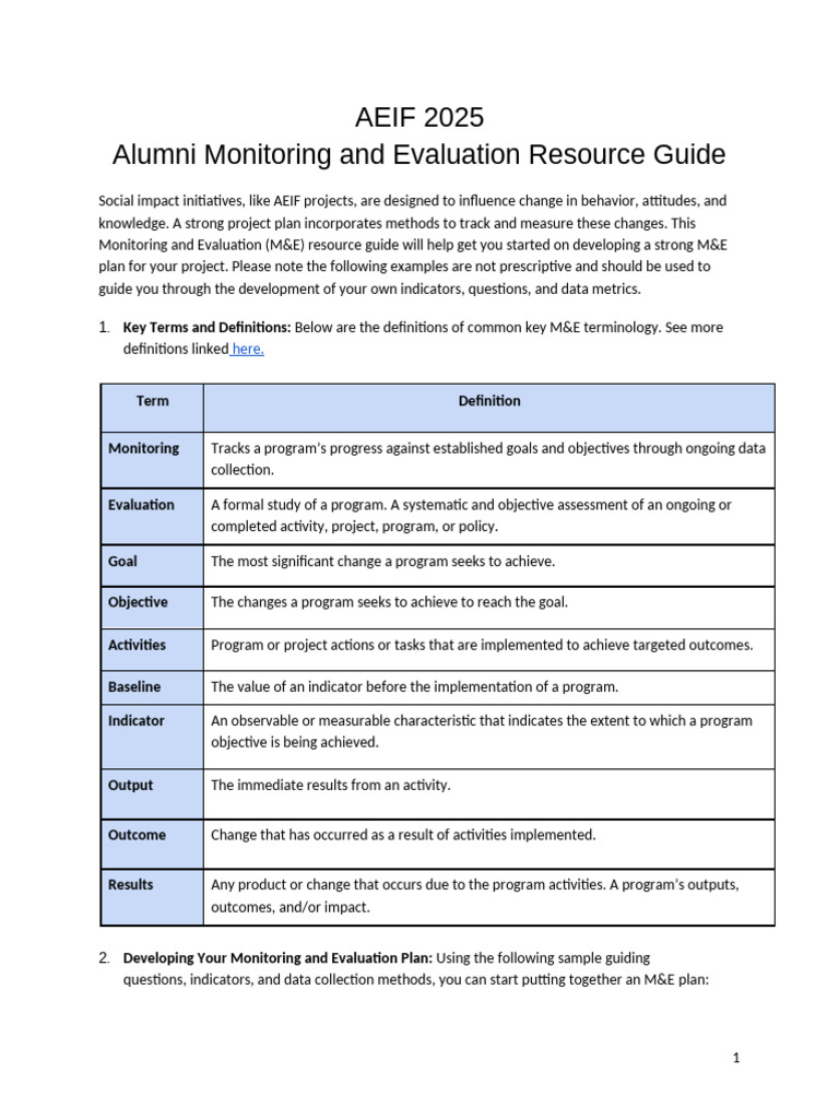 M&E Resource Guide for AEIF Projects | PDF | Monitoring And Evaluation ...