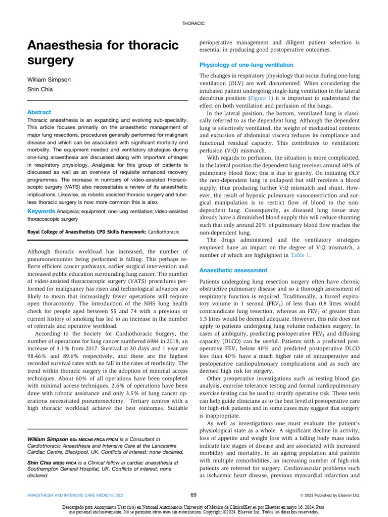 Thoracic Anaesthesia for Lung Surgery | PDF | Anesthesia | Surgery