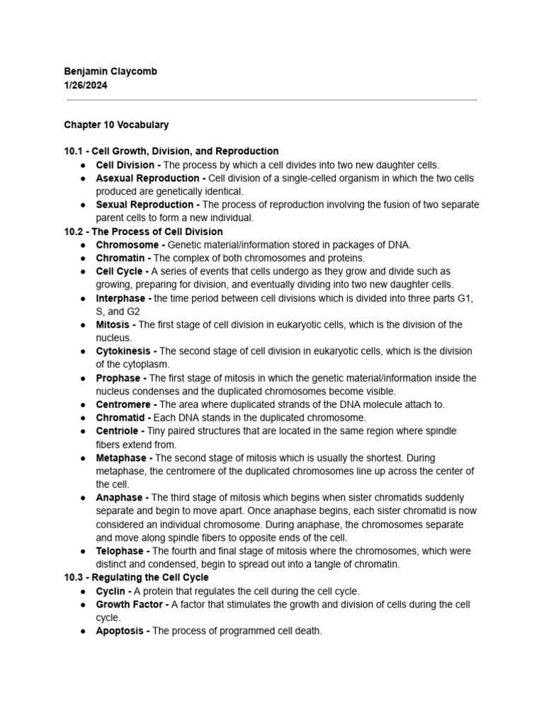 Chapter 10 Vocabulary | PDF | Mitosis | Chromosome