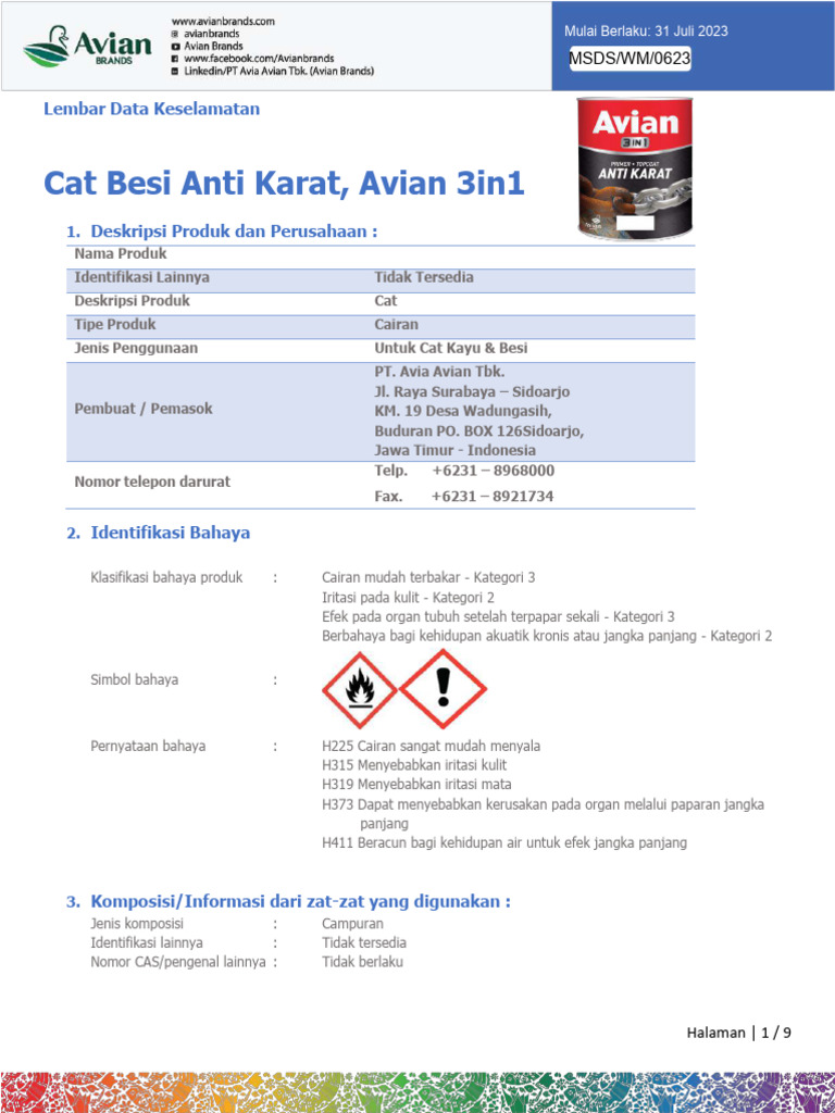MSDS Cat Besi Anti Karat Avian 3in1 | PDF
