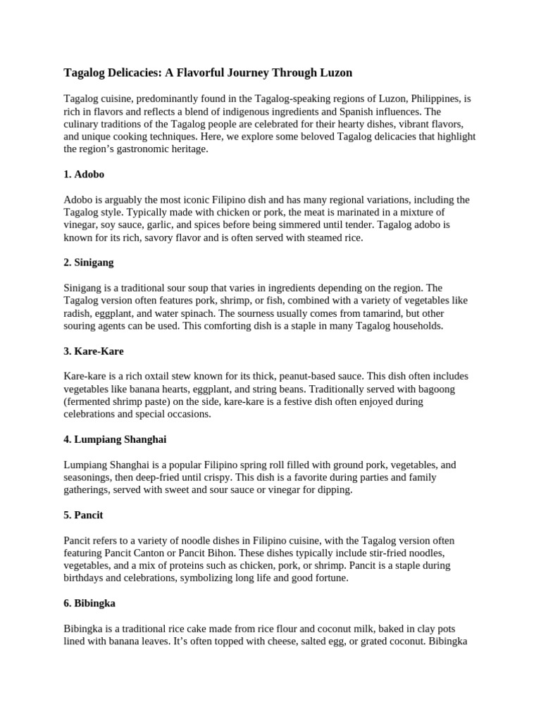 Tagalog Delicacies of Luzon Explained | PDF | Indian Cuisine | Foods