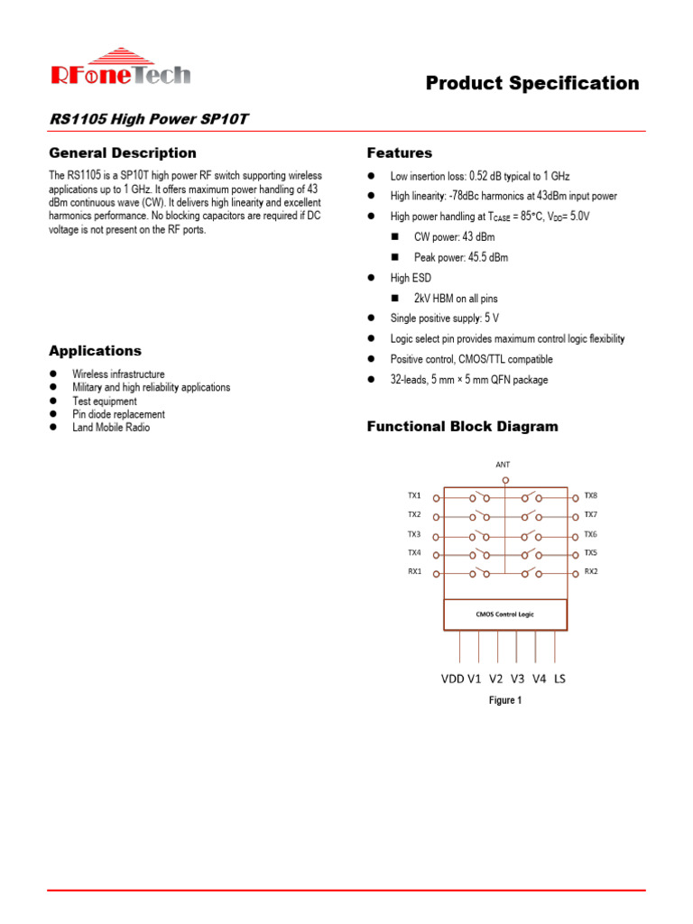 RS1105 High Power RF Switch Specs | PDF | Electrical Engineering ...