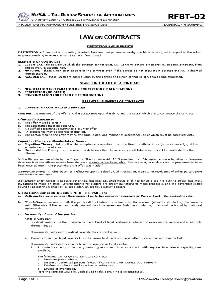 RFBT 2: Law on Contracts Overview | PDF | Offer And Acceptance | Lease