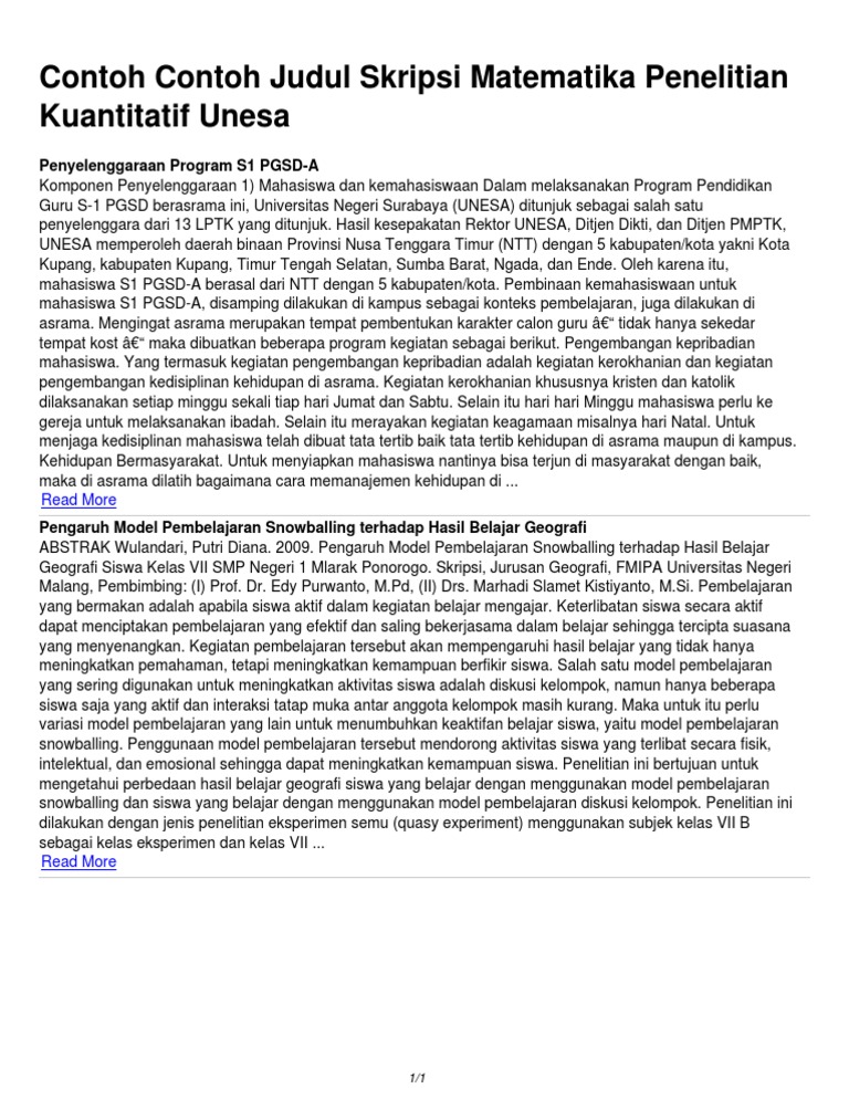 Contoh Contoh Judul Skripsi Matematika Penelitian Kuantitatif Unesa