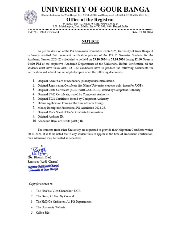PG Admission Document Verification Notice | PDF