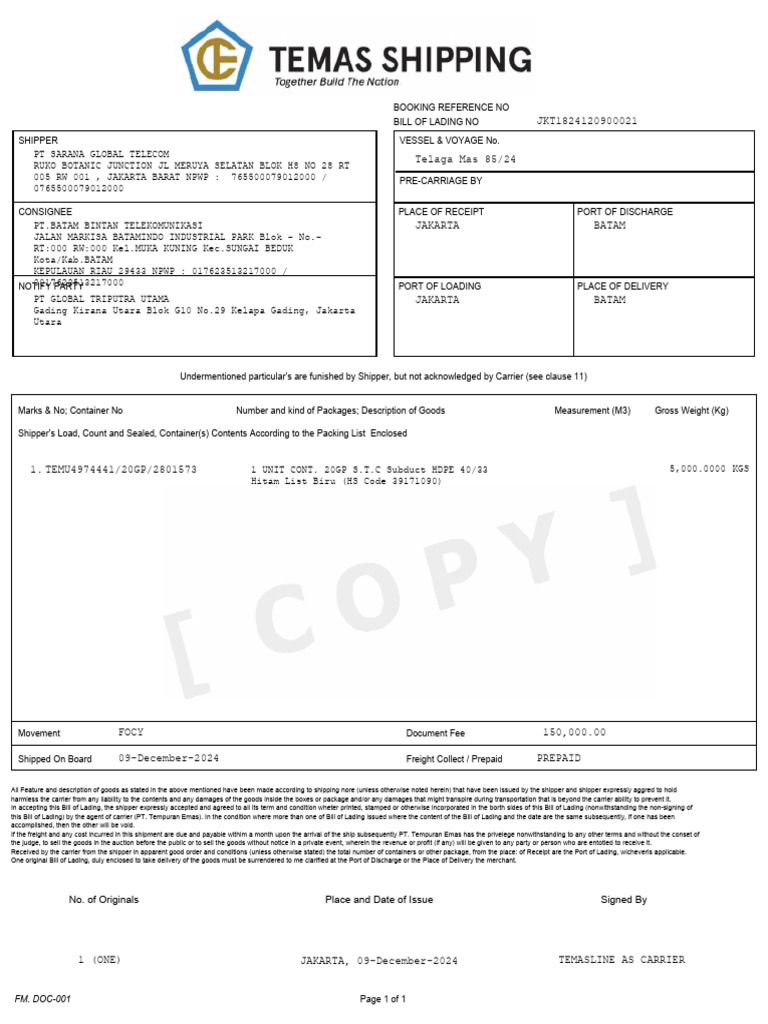 Bill of Lading for Shipping Goods | PDF | Bill Of Lading | Cargo