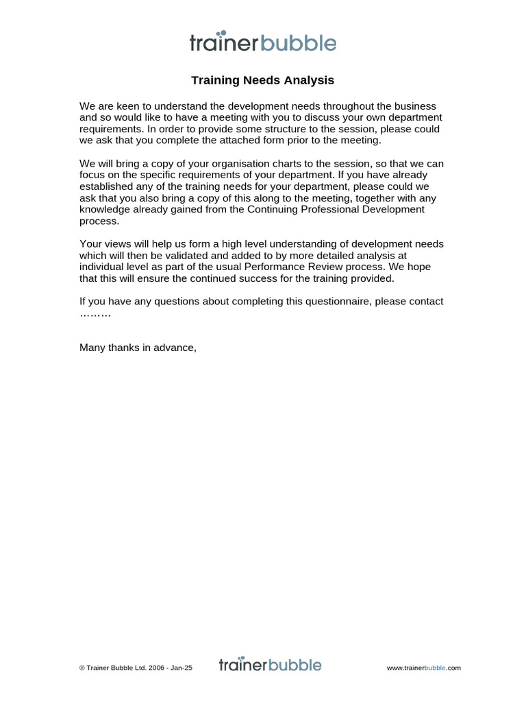 Training Needs Analysis Blank Pdf Knowledge