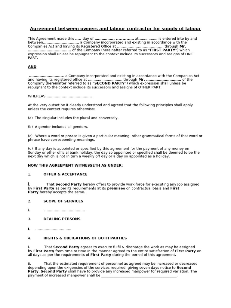 Agreement Between Owners and Labour Contractor For Supply of Labour ...