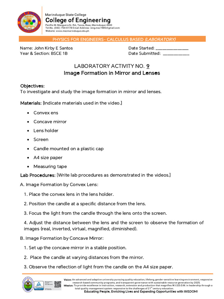 Laboratory Activity No. 9 | PDF | Mirror | Glass Engineering And Science