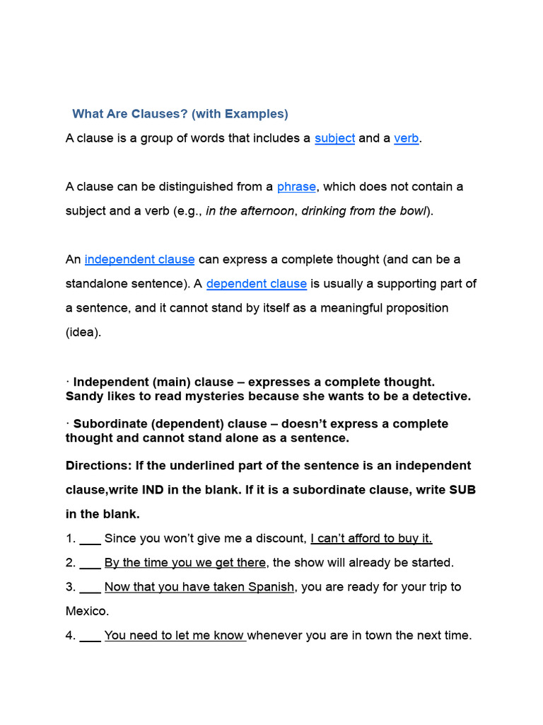 Understanding Clauses: Types and Examples | PDF | Clause | Sentence ...