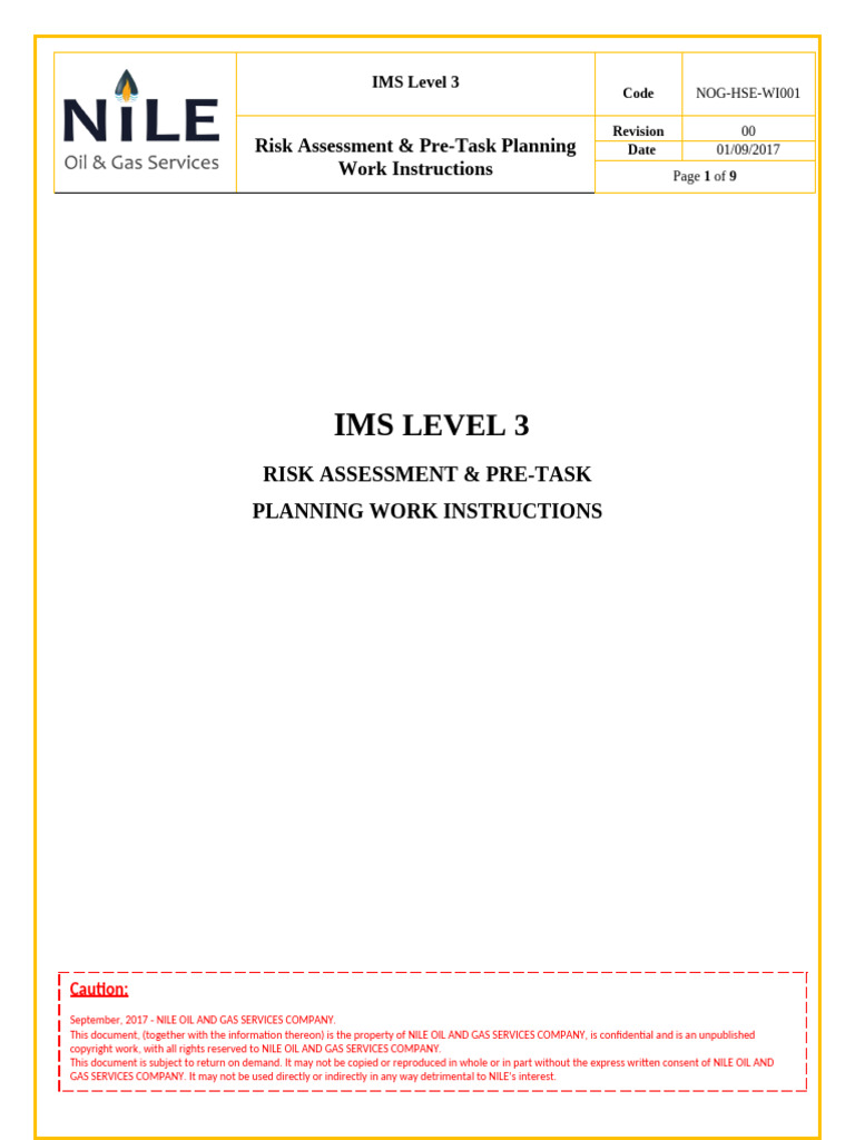NOG-HSE-WI 001 Rev 00 Risk assessment & Pre-Task planning | PDF | Risk ...