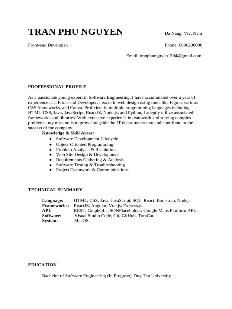Front-End Developer CV: Tran Phu Nguyen | PDF | Software | Java Script