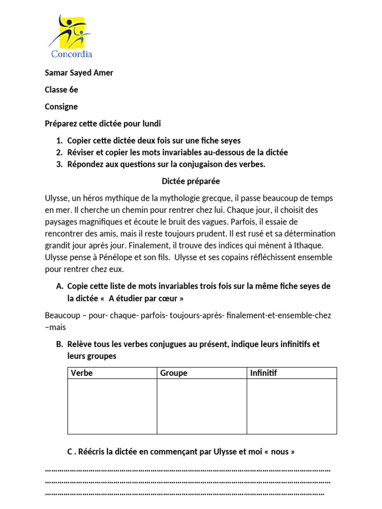 Dictée préparée : Ulysse en 6e | PDF